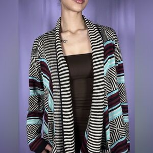 Say What Multicolored Drape Front Cardigan Sweater Womens Size L Geometric Aztec